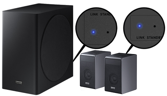 Eine durchgehend blaue LED-Anzeige erscheint auf der Rückseite des Subwoofers und der Lautsprecher nach Kopplung mit der Soundbar.