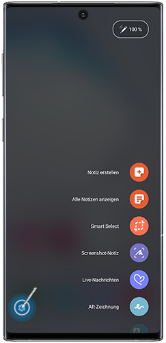 Das Einstellungen-Symbol ist im S Pen Befehle-Menü des Galaxy Note10 markiert.