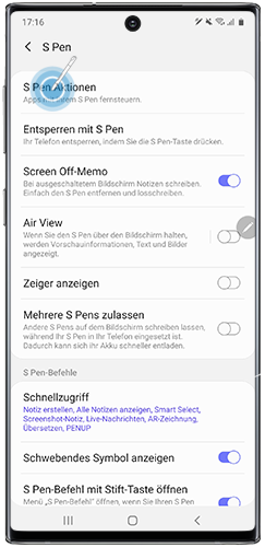 S Pen Aktionen ist im S Pen-Menü des Galaxy Note10 markiert.
