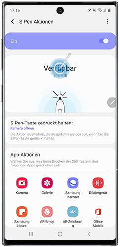 Der Akkustand des S Pen wird im Einstellungen-Menü des Galaxy Note10 angezeigt.