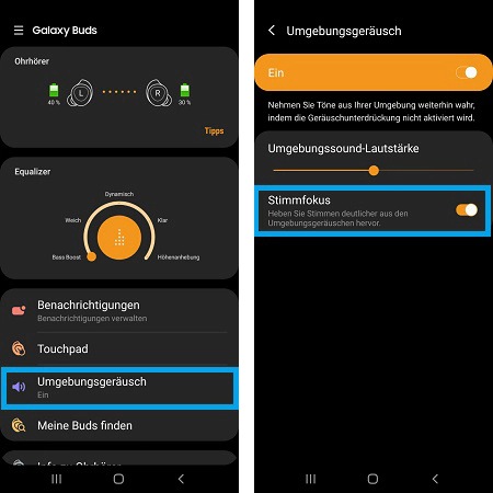 Galaxy Wearable App - Anpassen der Umgebungsgeräusche