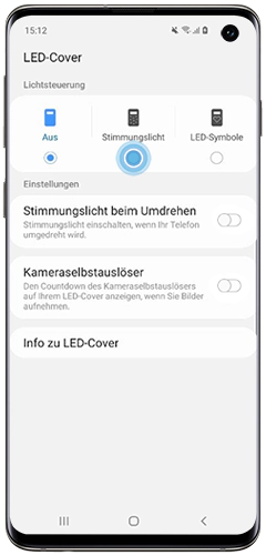 Tippe auf Stimmungslicht oder LED-Symbole, um einen Effekt des LED-Covers deines Galaxy S10 zu aktivieren.