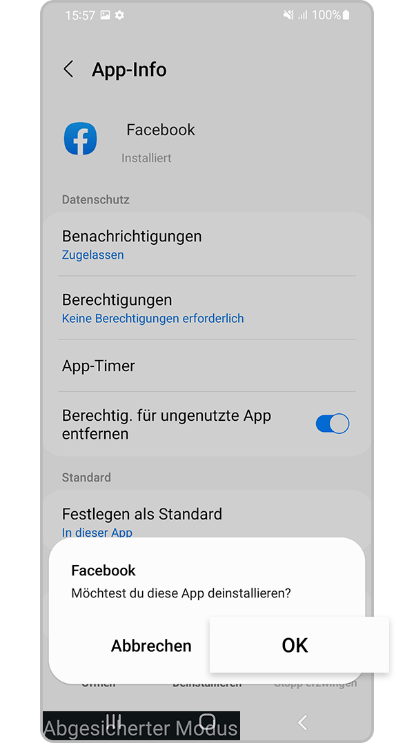 Zum Deinstallieren auf „OK“ tippen