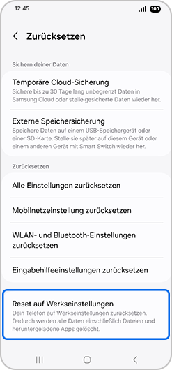 „Auf Werkseinstellungen zurücksetzen“ auswählen