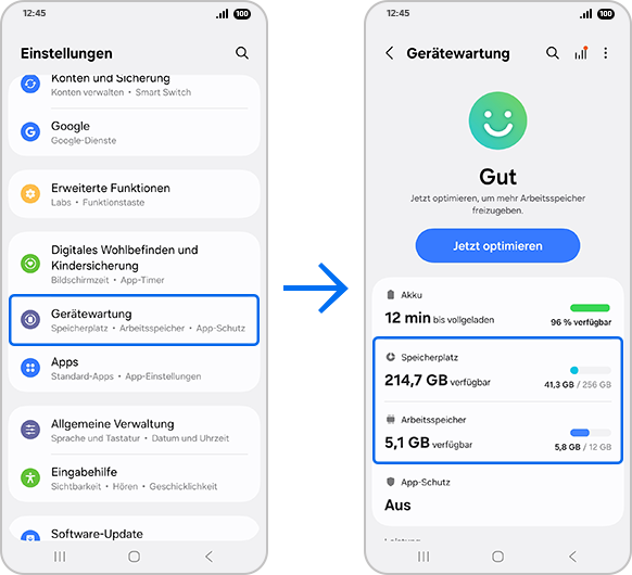 Verbleibenden Speicherplatz und Arbeitsspeicher prüfen