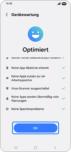 Zum Abschluss der Optimierung „OK“ antippen