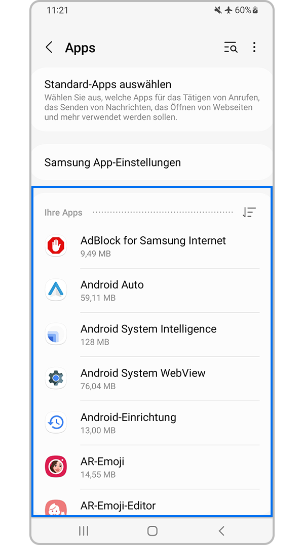 App auswählen, deren Cache gelöscht werden soll