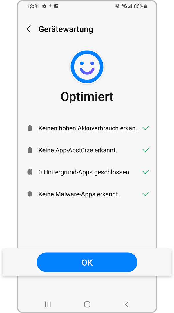 Zum Abschluss der Optimierung „OK“ antippen