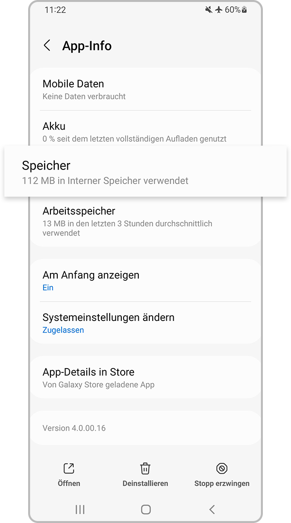 „Speicher“ wählen