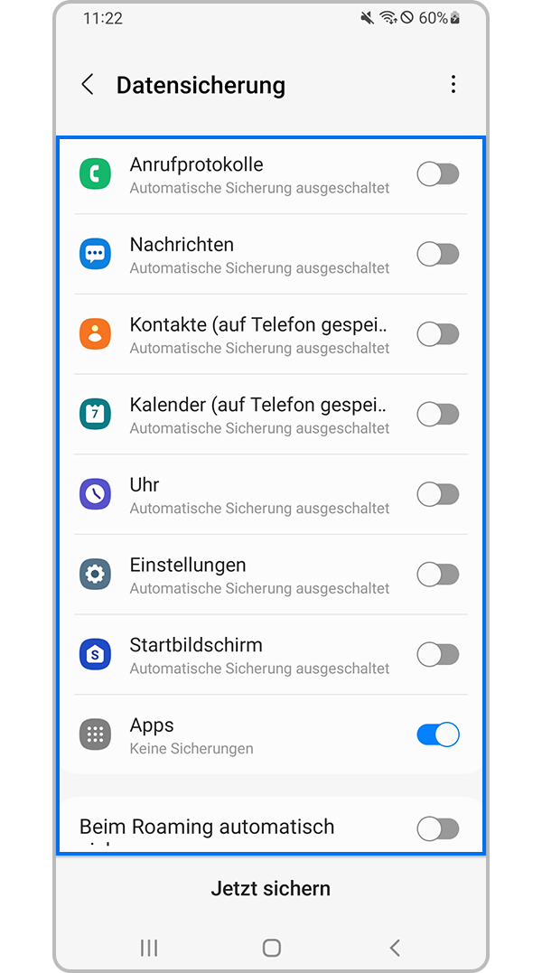 Datentyp zur Sicherung in Samsung Cloud auswählen