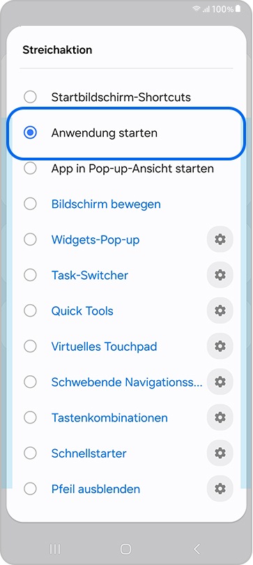 Einstellungsmenü zum Starten einer Anwendung