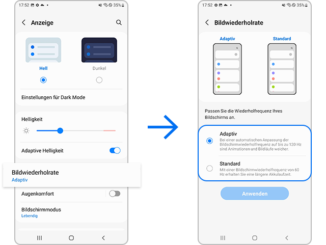 Galaxy S22 Einstellung der Wiederholrate