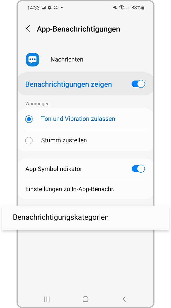 Unter „Nachrichten“ „Benachrichtigungskategorie“ antippen