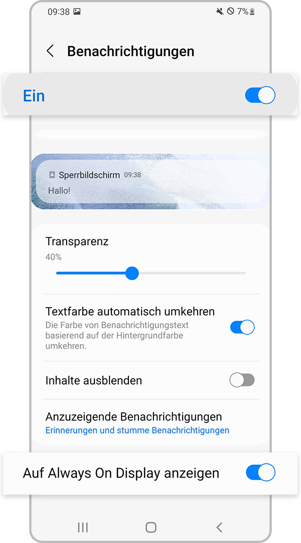Benachrichtigungen unter Einstellungen für Always On Display aktivieren