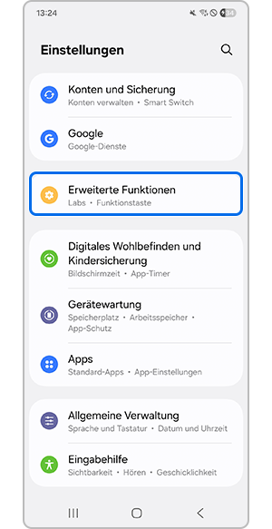 Auswählen des Menüs Erweiterte Funktionen