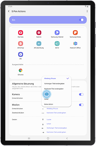 Die Optionen zur Allgemeinen Steuerung der Aktionen des S Pens für Medien des Galaxy Tabs S6 werden angezeigt.