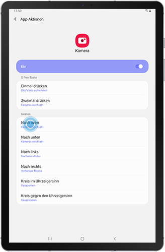 Die Einstellungen der App-Aktionen des S Pens der Kamera des Galaxy Tabs S6 werden angezeigt.