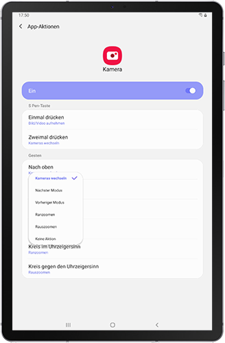 Die Optionen der Gesten des S Pens der App-Aktionen für die Kamera des Galaxy Tabs S6 werden angezeigt.