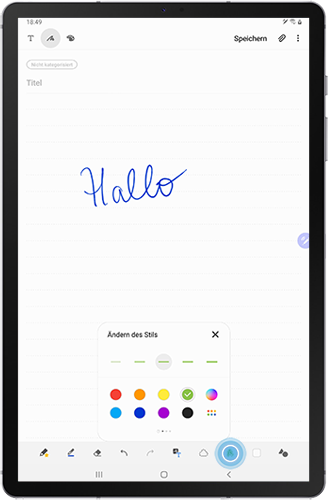 Die Option Ändern des Stils der Samsung Notes des Galaxy Tabs S6 wird angezeigt.