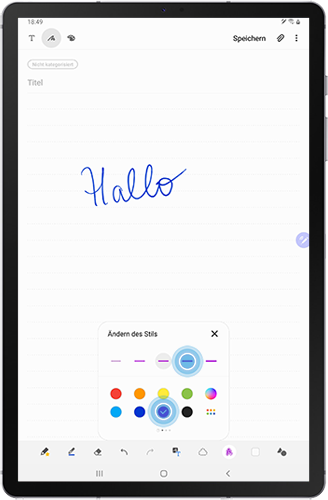 Die Option Ändern des Stils der Samsung Notes des Galaxy Tabs S6 wird mit einer anderen Farbe und Schriftdicke angezeigt.