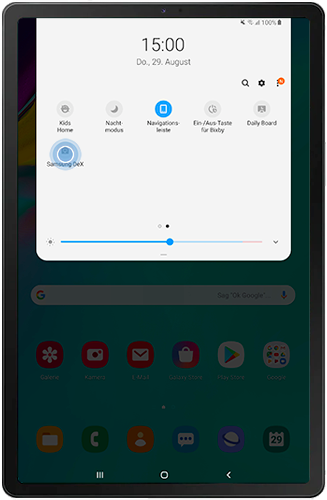 Die Schnellzugriffsleiste mit dem DeX Schnellzugriff des Galaxy Tab werden angezeigt.