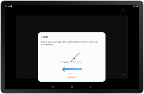 Anweisungen zur Verwendung der S Pen Bewegungen des Galaxy Tabs in Samsung DeX werden angezeigt.