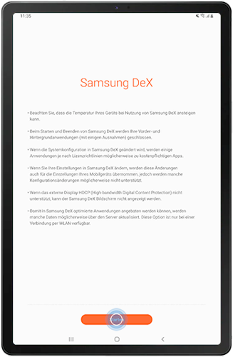 Informationen zur Einrichtung von DeX auf dem Galaxy Tablet werden angezeigt.