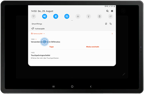 Die Benachrichtigung zur Steuerung des Galaxy Tabs mit dem S Pen wird angezeigt.