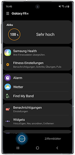 Startseite des Galaxy Fit e-Menüs der Galaxy Wearable-App wird im Note10 angezeigt.