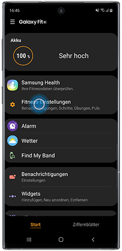 Fitness-Einstellungen ist im Galaxy Fit e-Menü der Galaxy Wearable-App des Note10 markiert.