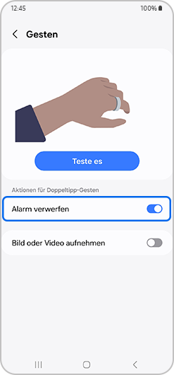 Die Option Alarm verwerfen ist für die Doppeltipp-Geste aktiviert.