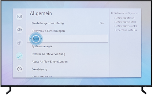 Netzwerk ist in den allgemeinen Einstellungen des QLED Q80R markiert.