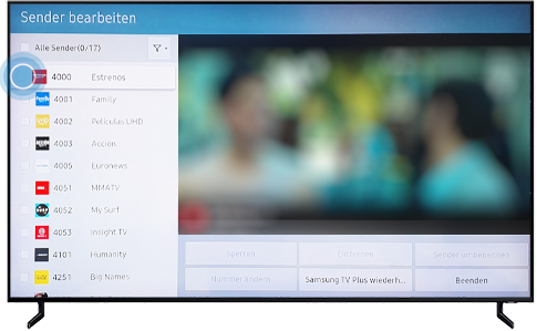 Das Menü zur Bearbeitung der Senderliste ist im QLED Q80R geöffnet.