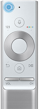 Εικόνα που σας δείχνει πώς να ενεργοποιείτε και να απενεργοποιείτε τη Samsung TV σας πατώντας το κουμπί Power του τηλεχειριστηρίου σας