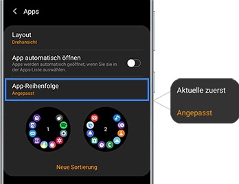 Screens zur Anpassung der App-Reihenfolge