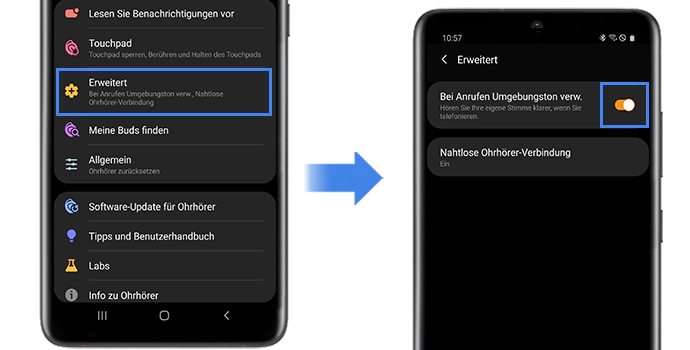 Screens zur Aktivierung der Funktion Bei Anrufen Umgebungston verwenden
