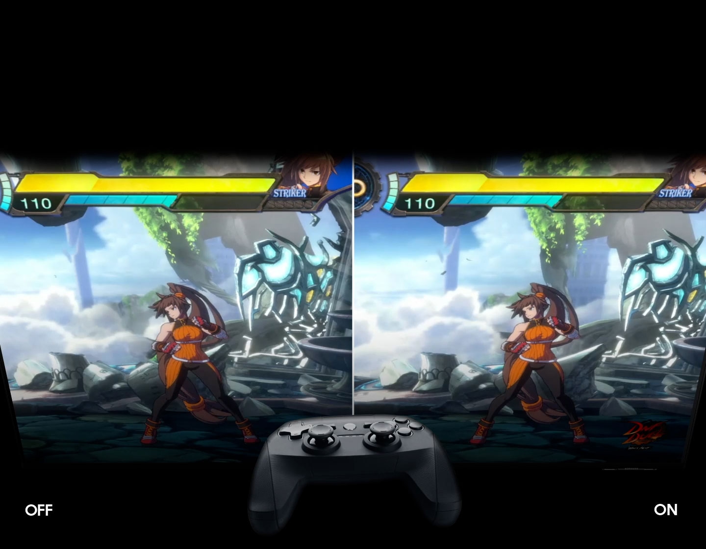 Ein Arcade-Spiel wird auf einem geteilten Bildschirm mit zwei verschiedenen Modi gespielt. In der Mitte befindet sich ein Controller. Auf dem linken Bildschirm ist der Modus \"Low Latency\" ausgeschaltet, und der Spieler kann einem Angriff aufgrund der Eingabeverzögerung nicht ausweichen. Auf der rechten Seite ist der Auto-Low-Latency-Modus aktiviert und der Spieler weicht dem Angriff erfolgreich aus. Das Dungeon Fighter Duel-Spiellogo befindet sich unten.