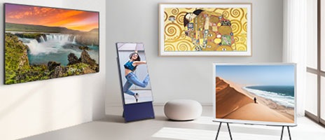 Eine Vielzahl von Samsung Fernsehern wie The Frame, The Sero, The Serif und QLED TV sind ausgestellt.