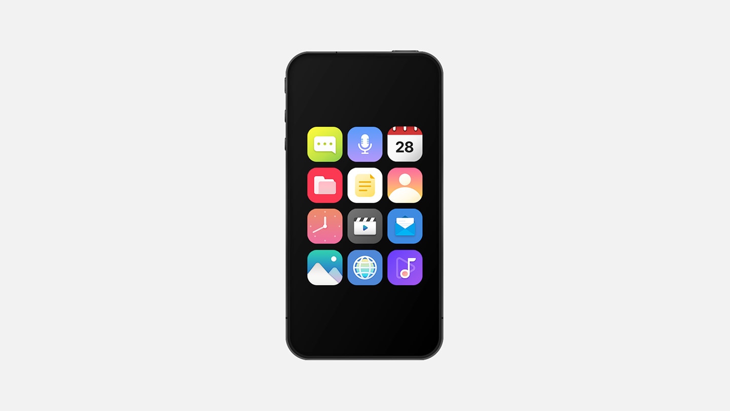 An old smartphone's screen displays various app icons, which scatter outside the device. A new smartphone slides in from the side, absorbing the scattered icons. It rotates to face forward and the Smart Switch icon appears on its screen. The scene zooms out, showing the home screens of both smartphones side by side. Lines flow from the old smartphone to the new one, representing data transfer. Weather and Samsung Health widgets appear on the new smartphone, along with the wallpaper and apps copied from the old device. The new smartphone spins and faces forward, once again showing the Smart Switch icon.