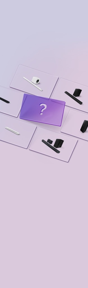 Various Samsung sound device options are displayed on cards. In the center is a card with a question mark.