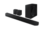 A Samsung Q-Series Soundbar with a subwoofer and two rear speakers.