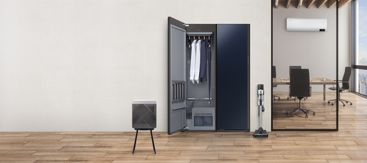 kitchen with fridge, vac and air purifier