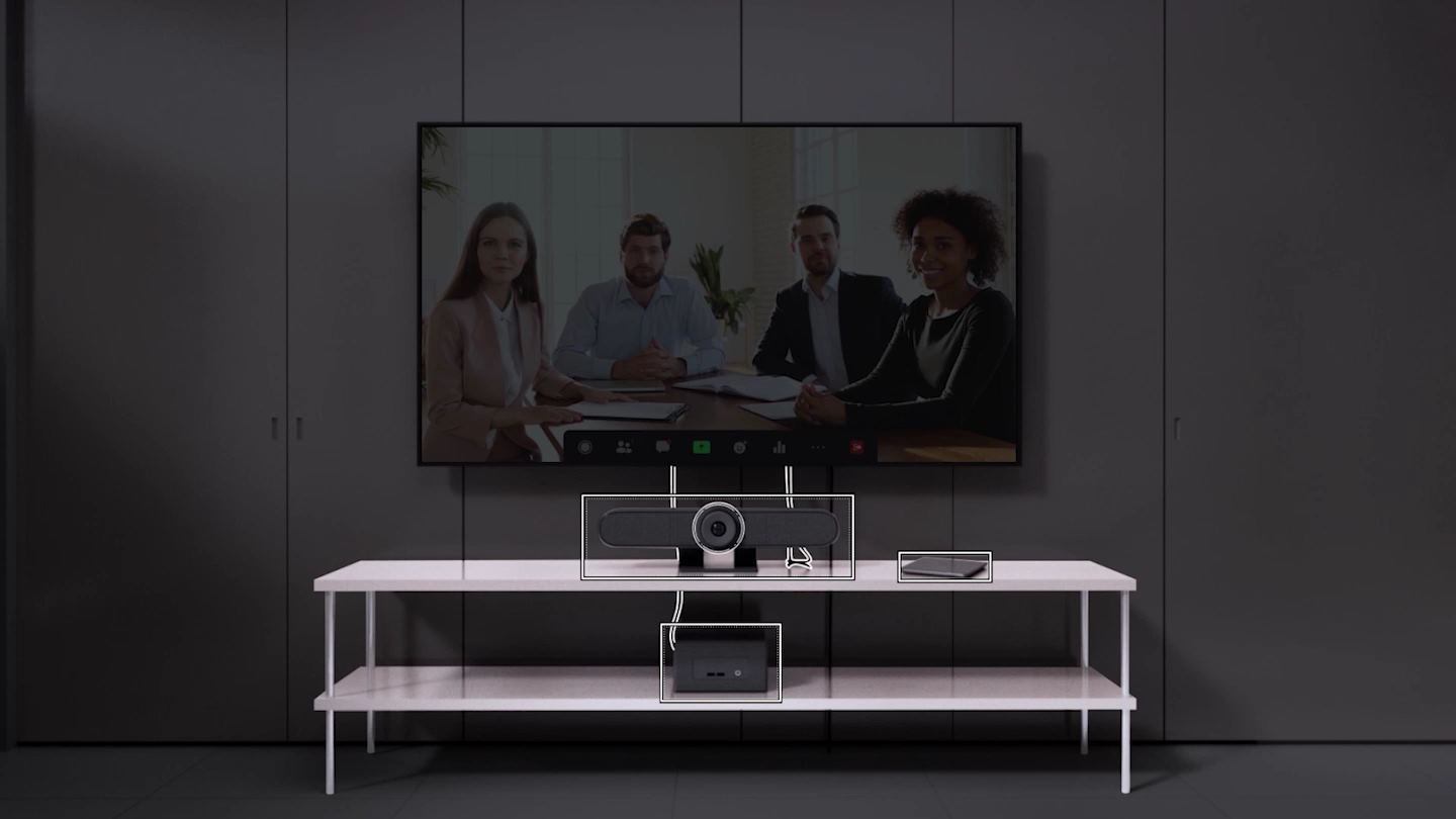 QxB is installed in the conference room. There is a large webcam at the bottom of QxB. The webcam disappears and it changes to a small webcam installed on top of the QxB. Video calling using QxB in the conference room.