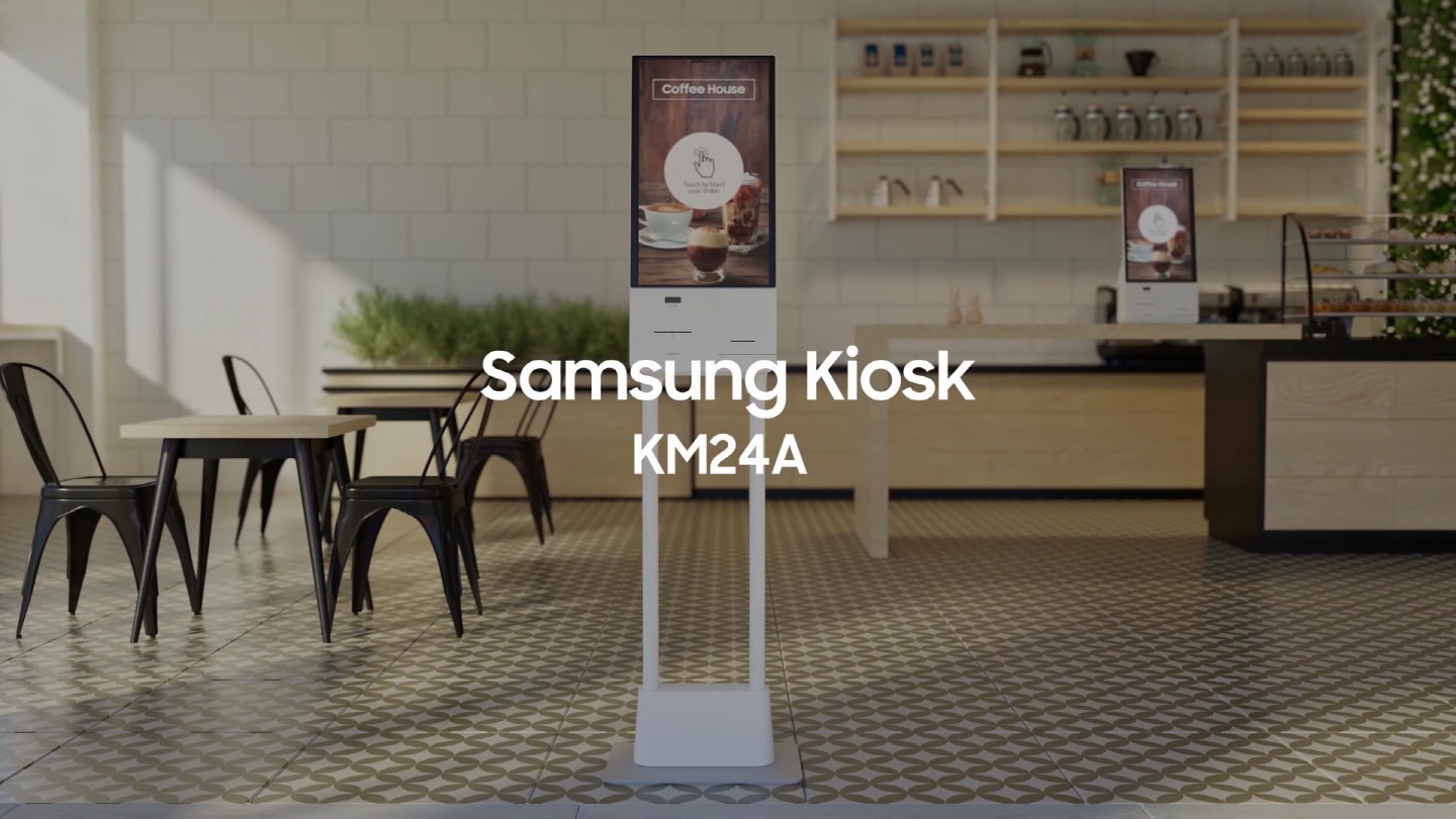 Text is output with KIOSK's cartoon image. Fit to your business. Use with peace of mind. Solution you can trust. Focus on what is necessary, Kiosk will do the rest. Designed for every business, delivering peace of mind. Samsung KIOSK, KM24A.