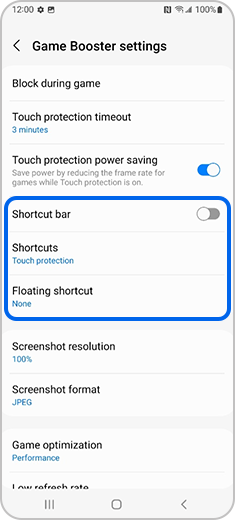 View of the “Game Booster settings” screen with all the shortcut options you can start using.