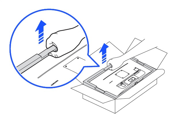 As shown in the figure, remove the product and foam cushion, and then place the product on the table with its front side facing the floor.