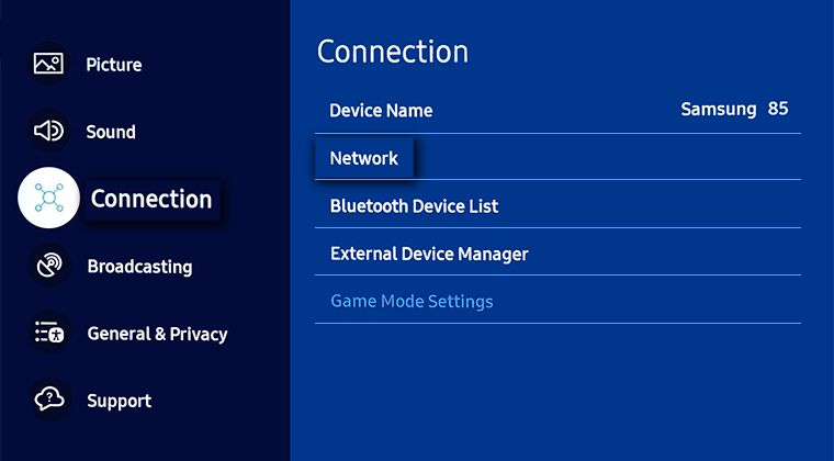 Select Connection then Network