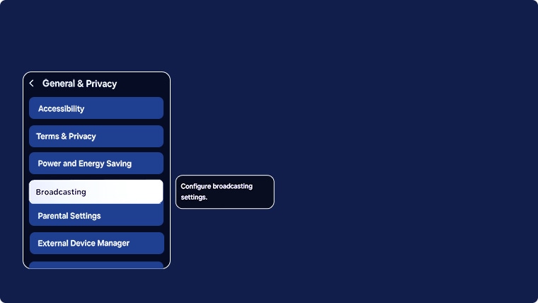Broadcasting setting displayed on TV menu