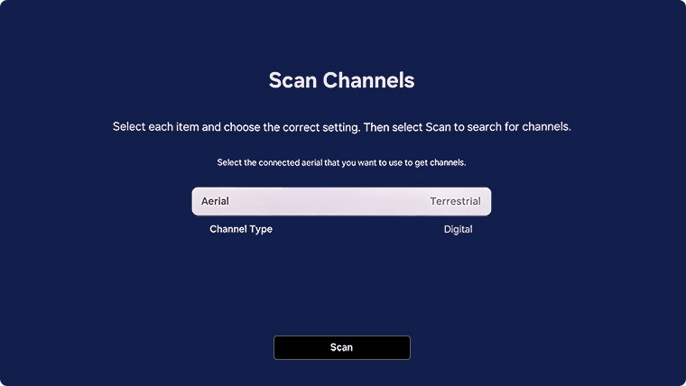 Scan selected in TV settings