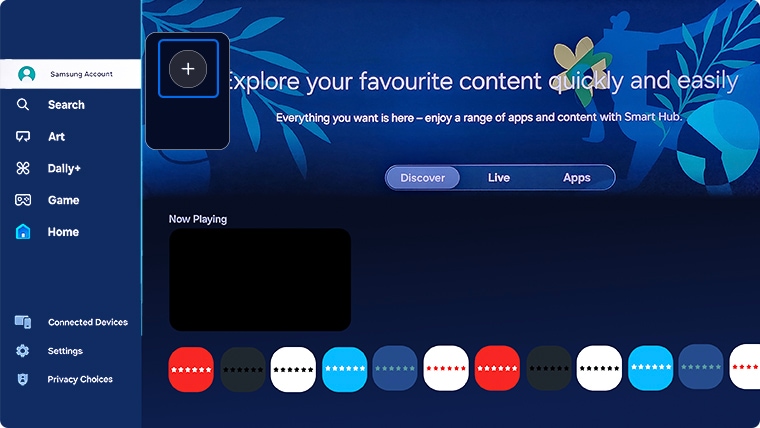 Samsung Account and Plus icon selected on TV Home